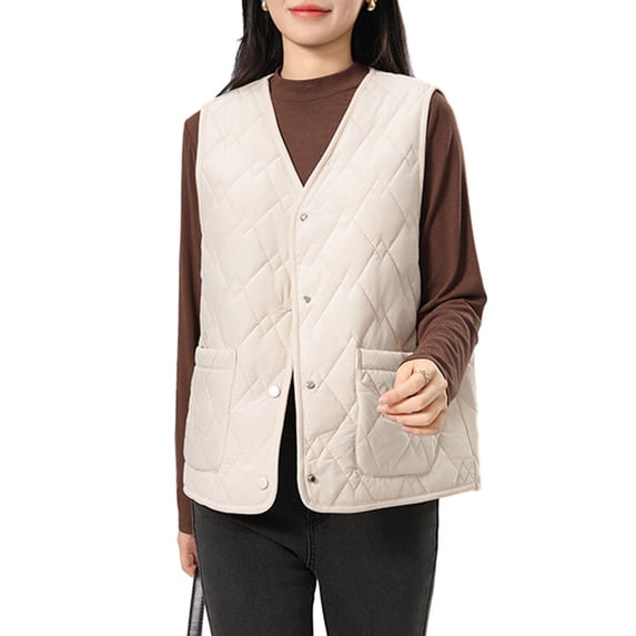 Lohuatrd Women Fall Winter Waistcoat Sleeveless V Neck Single-breasted Thick Padded Warm Solid Color Casual Windproof Soft Lady Vest Coat