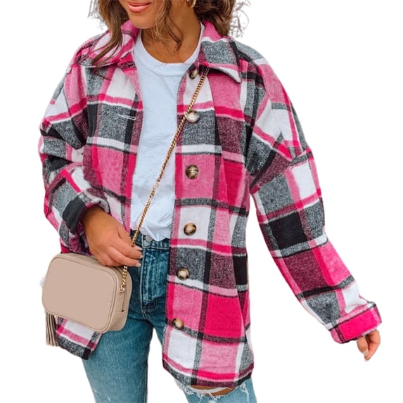 Lohuatrd Women Spring Autumn Plaid Print Shirt Coat Lapel Long Sleeve Single Breasted Casual Loose Blouse Jacket Cardigan Streetwear