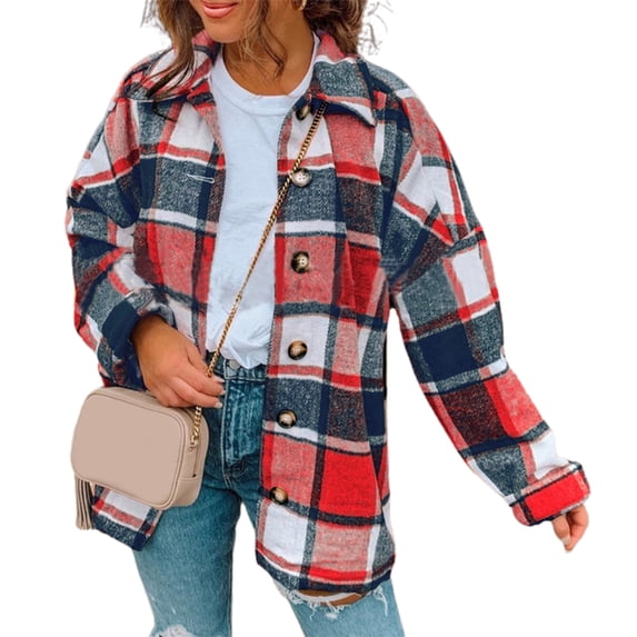 Lohuatrd Women Spring Autumn Plaid Print Shirt Coat Lapel Long Sleeve Single Breasted Casual Loose Blouse Jacket Cardigan Streetwear