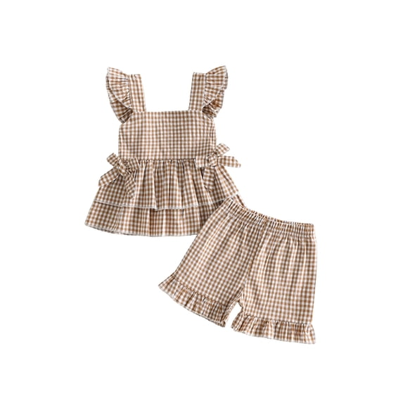 Loicainy 2Pcs Baby Toddler Girl Summer Clothes 6 12 18 24 Months 2T 3T 4T Fly Sleeve Plaid Print Tops Shorts Outfits