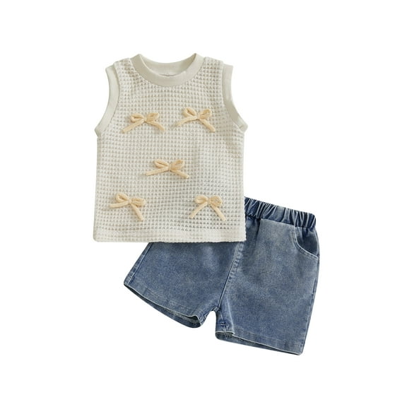 Loicainy 2Pcs Baby Toddler Girl Summer Outfits 6 12 18 24 Months 2T 3T 4T Sleeveless Bow Front Tank Tops   Denim Shorts Set Kids Clothes
