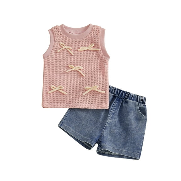 Loicainy 2Pcs Baby Toddler Girl Summer Outfits 6 12 18 24 Months 2T 3T 4T Sleeveless Bow Front Tank Tops   Denim Shorts Set Kids Clothes