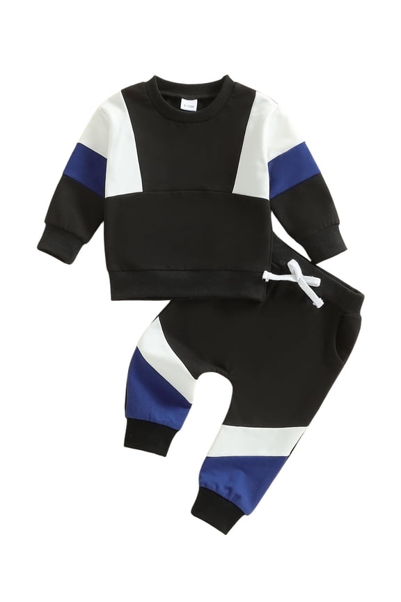 2Pcs Toddler Baby Boy Fall Outfits 6 12 18 24 Months 2T 3T 4T Long Sleeve Crew Neck Patchwork Pullover Sweatshirt and Joggers Pants Clothes Set
