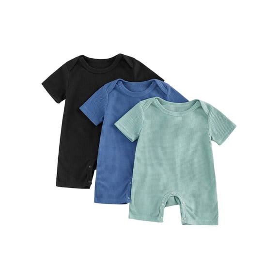 Loicainy 3 Pack Infant Baby Boy Romper 3 6 9 12 18 Months Summer Short Sleeve Round Neck Solid Color Waffle Jumpsuits