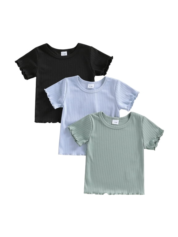 3 Pack Kid Toddler Girl Summer T-Shirt 6 12 24 Months 2T 3T 4T 5T Solid Color Ribbed Ice Silk Short Sleeve Round Neck Loose Fit Girls Tops Streetwear
