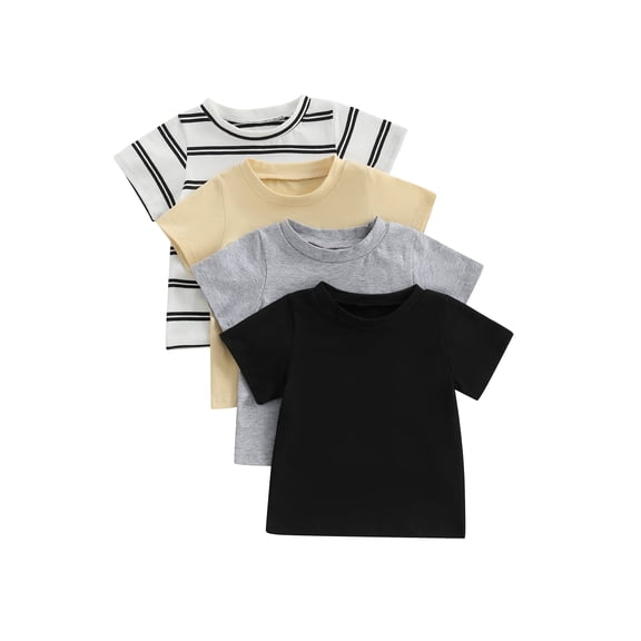 Loicainy 4 Pack Baby Toddler Boy Girl Summer T-Shirt 6 9 12 18 24 Months 2T 3T Loose Fit Solid/Striped Crew Neck Short Sleeve Tops