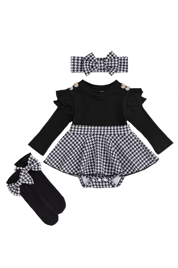 Baby Girl Houndstooth 3-Piece Outfit 3 6 12 18M Comfortable Ribbed Ruffled Sleeves Headband Socks Set
