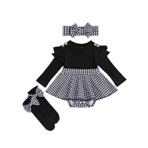 Loicainy Baby Girl Houndstooth 3-Piece Outfit 3 6 12 18M Comfortable Ribbed Ruffled Sleeves Headband Socks Set