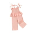 thumbnail image 1 of Loicainy Baby Girls Summer clothes 2-Piece Set, Bow Sling Ruffle Top  Waffle Pants Outfits, 95%Cotton Soft Set 6-9M-4-5T for Hot Days, 1 of 9