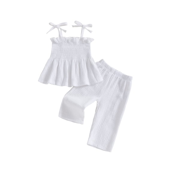 Loicainy Baby Girls Summer clothes 2-Piece Set, Bow Sling Ruffle Top Waffle Pants Outfits, 95%Cotton Soft Set 6-9M-4-5T for Hot Days