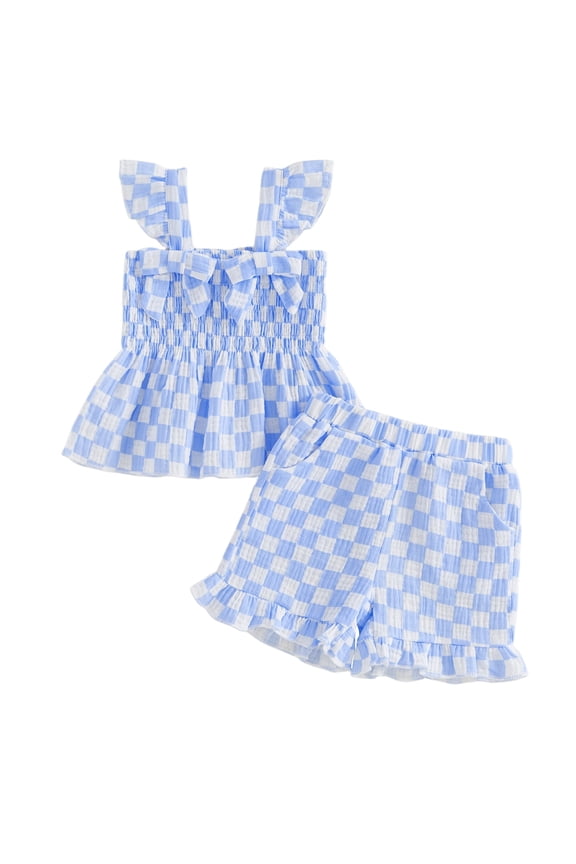 Baby Girls clothes Cute Checkered Outfit 6 12 18 24 Months 2T 3T 4T Bow Sling Top Ruffle Shorts for Summer Play