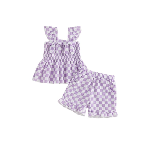 Loicainy Baby Girls clothes Cute Checkered Outfit 6 12 18 24 Months 2T 3T 4T Bow Sling Top Ruffle Shorts for Summer Play