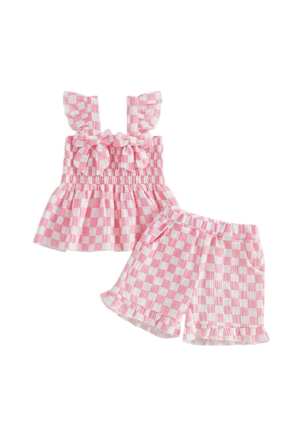 Baby Girls clothes Cute Checkered Outfit 6 12 18 24 Months 2T 3T 4T Bow Sling Top Ruffle Shorts for Summer Play