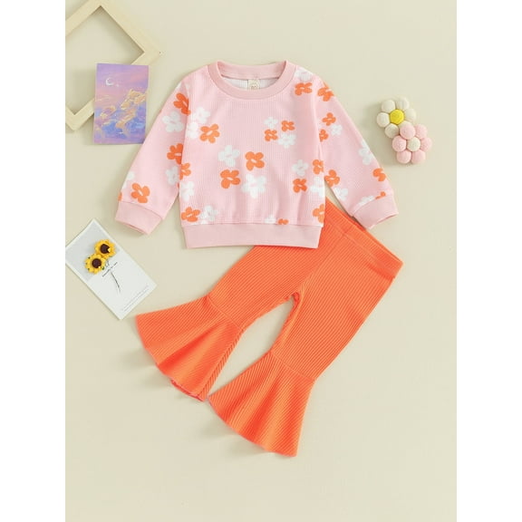Loicainy Baby Kids Little Girl 2Pcs Fall Outfits 6 12 24 Months 2T 3T 4T 5T Long Sleeve Floral Print Pullover Tops   Flare Pants Set Toddler Spring Clothes Set