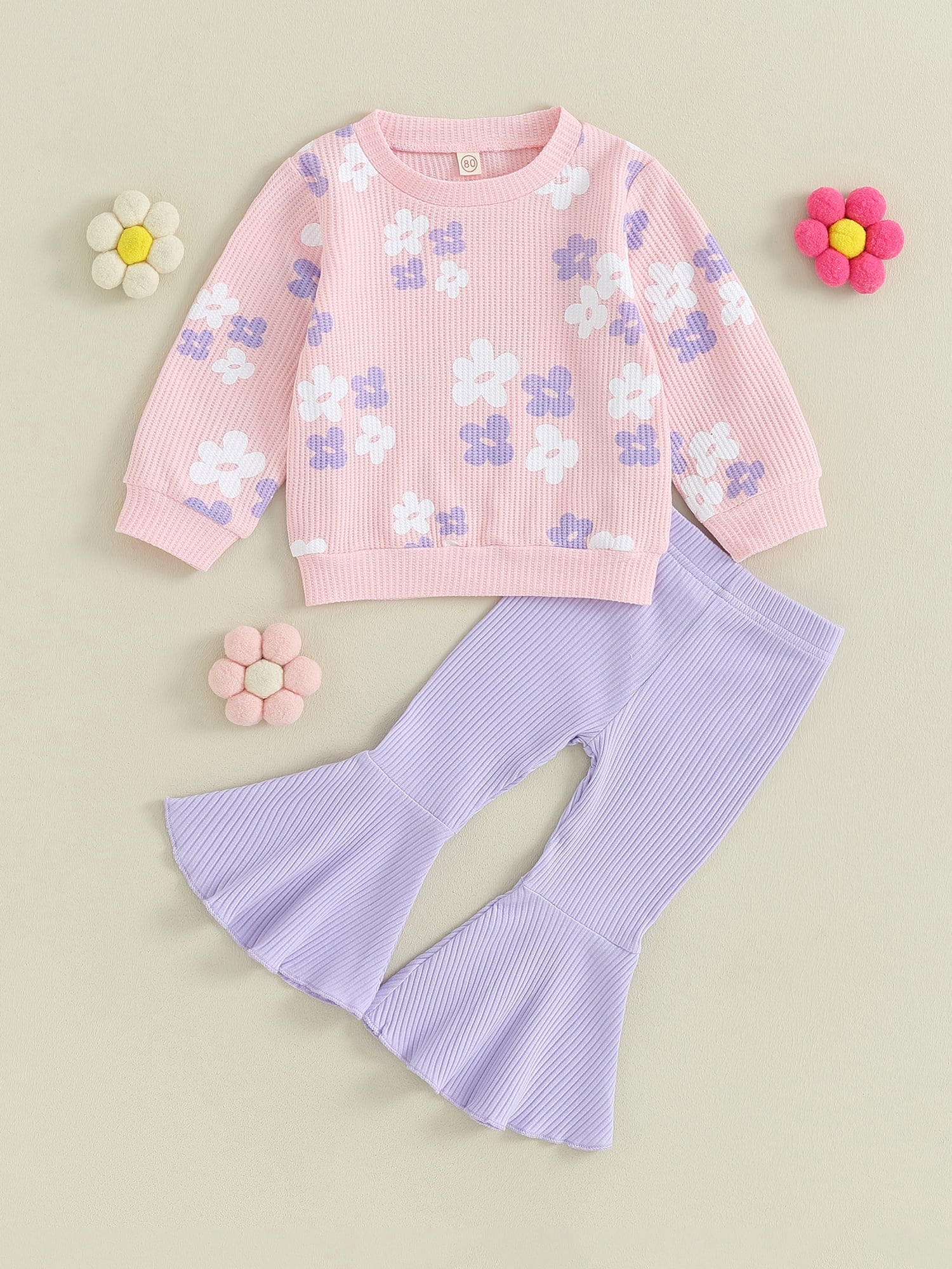 Baby Kids Little Girl 2Pcs Fall Outfits 6 12 24 Months 2T 3T 4T 5T Long Sleeve Floral Print Pullover Tops + Flare Pants Set Toddler Spring Clothes Set