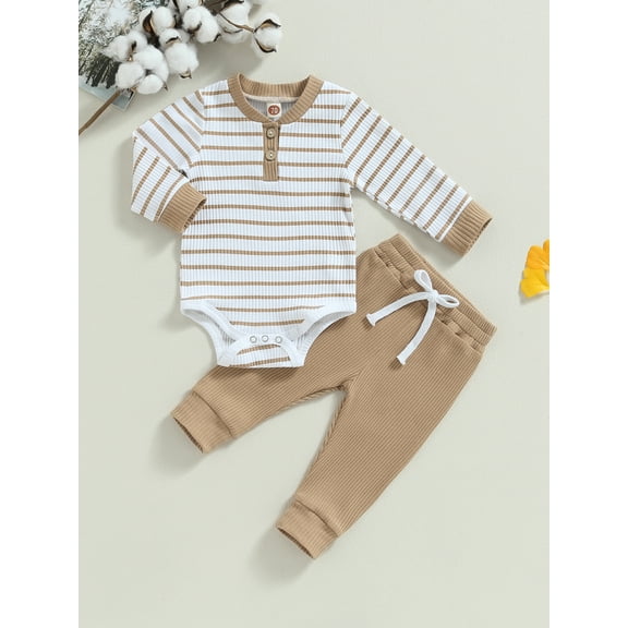 Loicainy Baby Toddler Boy 2Pcs Fall Outfits 3 6 12 18 24 Months Long Sleeve Striped Print Romper   Pants Set Infant Warm Clothes
