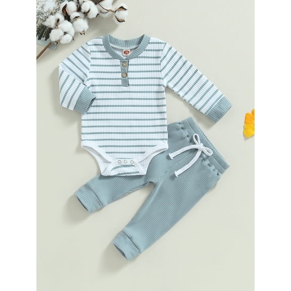 Loicainy Baby Toddler Boy 2Pcs Fall Outfits 3 6 12 18 24 Months Long Sleeve Striped Print Romper   Pants Set Infant Warm Clothes