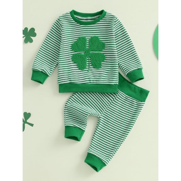 Loicainy Baby Toddler Boy 2Pcs Irish Outfits 3 6 12 18 24 Months 2T 3T Long Sleeve Shamrock Embroidery Sweatshirt + Stripes Pants Set Fall Spring Clothes