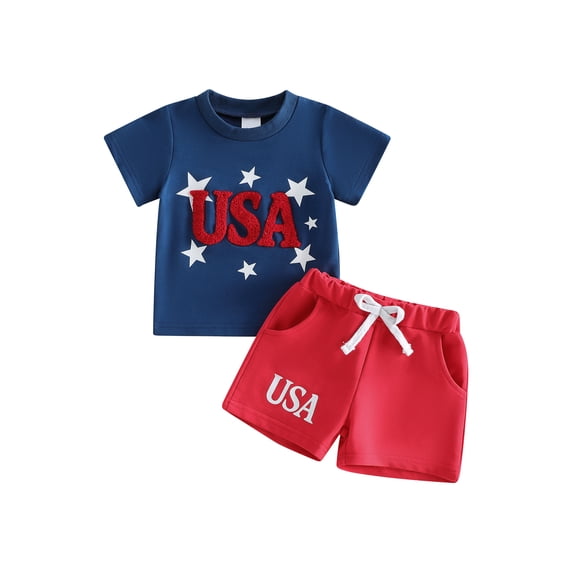 Loicainy Baby Toddler Boy 4th of July Outfits 3 6 12 18 24 Months 2T 3T Short Sleeve Letter Embroidery T-Shirt Shorts Summer Clothes Set