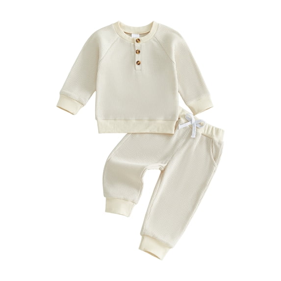 Loicainy Baby Toddler Boy Fall Outfit 3 6 12 18 24 Months 2T 3T 4T Crew Neck Long Sleeve Pullover Solid Color Waffle Knit Sweatshirt and Joggers Pants Clothes Set