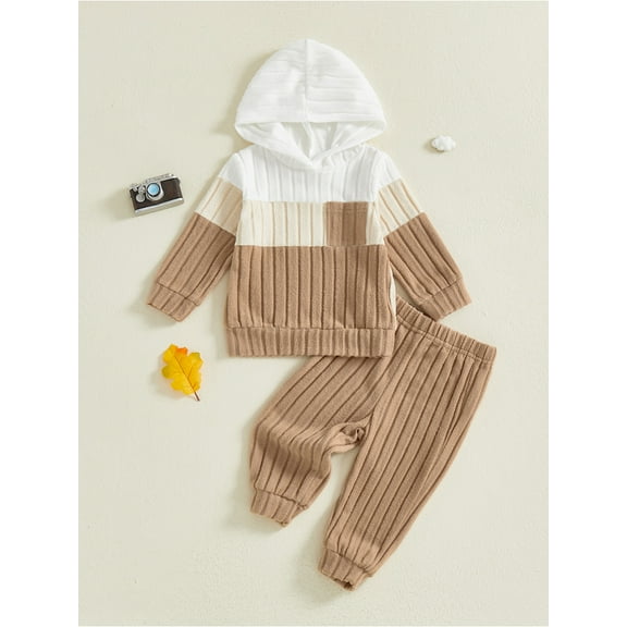 Loicainy Baby Toddler Boy Fall Outfit 3 6 12 18 24 Months 2T 3T Contrast Color Long Sleeve Hooded Sweatshirt and Elastic Pants 2 Piece Clothes Set
