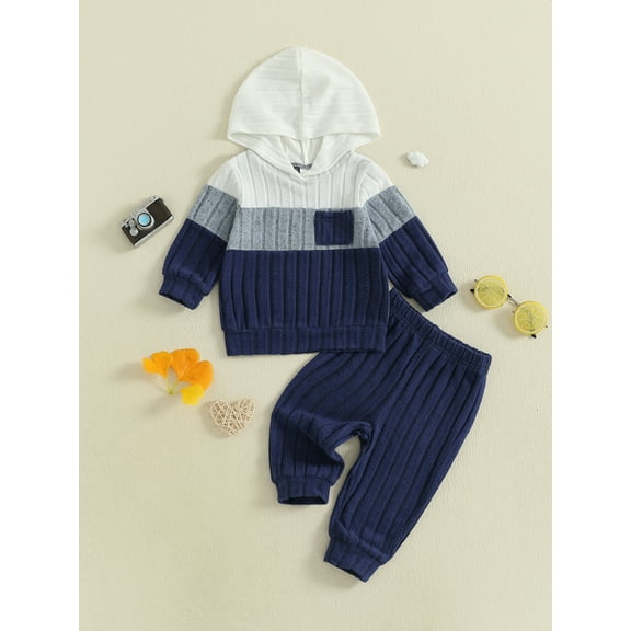 Loicainy Baby Toddler Boy Fall Outfit 3 6 12 18 24 Months 2T 3T Contrast Color Long Sleeve Hooded Sweatshirt and Elastic Pants 2 Piece Clothes Set