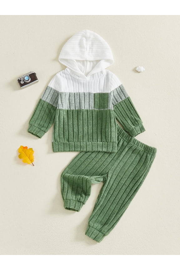 Baby Toddler Boy Fall Outfit 3 6 12 18 24 Months 2T 3T Contrast Color Long Sleeve Hooded Sweatshirt and Elastic Pants 2 Piece Clothes Set