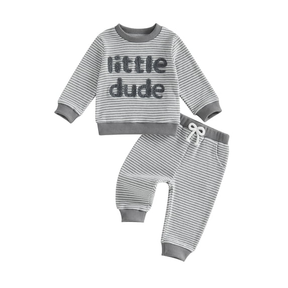 Loicainy Baby Toddler Boy Fall Outfits 6 12 18 24 Month 2T 3T Letter Embroidery Long Sleeve Round Neck Striped Tops and Elastic Waist Pants Clothes Set