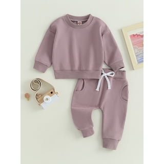 Loicainy Baby Toddler Boy Girl 2 Piece Fall Outfit 6 12 18 24 Months 2T 3T Solid Color Long Sleeve Sweatshirt and Elastic Pants for Infant Spring Clothes Set