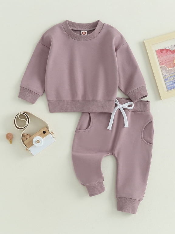 Baby Toddler Boy Girl 2 Piece Fall Outfit 6 12 18 24 Months 2T 3T Solid Color Long Sleeve Sweatshirt and Elastic Pants for Infant Spring Clothes Set