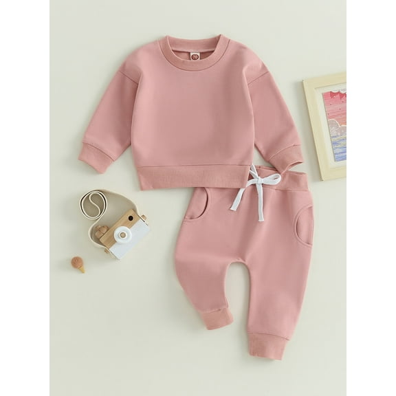 Loicainy Baby Toddler Boy Girl 2 Piece Fall Outfit 6 12 18 24 Months 2T 3T Solid Color Long Sleeve Sweatshirt and Elastic Pants for Infant Spring Clothes Set