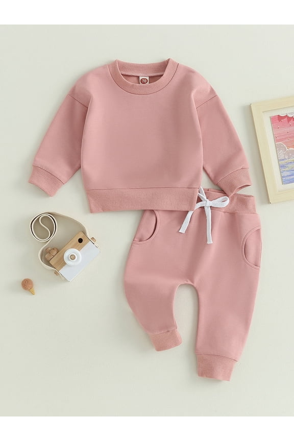 Baby Toddler Boy Girl 2 Piece Fall Outfit 6 12 18 24 Months 2T 3T Solid Color Long Sleeve Sweatshirt and Elastic Pants for Infant Spring Clothes Set