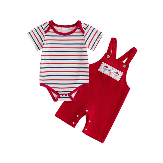 Loicainy Baby Toddler Boy Girl 4th of July Overalls Outfit 3 6 12 18 Months Patriotic Short Sleeve Striped Romper with Flag Embroidery Pants 2Pcs Clothes Set