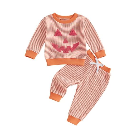 Loicainy Baby Toddler Boy Girl Halloween 2Pcs Pants Outfits Sets 3 6 12 18 24 Months 2T 3T 4T Long Sleeve O Neck Pumpkin Embroidery Tops Striped Pants Clothes Set