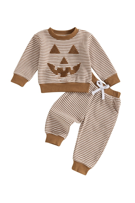 Baby Toddler Boy Girl Halloween 2Pcs Pants Outfits Sets 3 6 12 18 24 Months 2T 3T 4T Long Sleeve O Neck Pumpkin Embroidery Tops Striped Pants Clothes Set