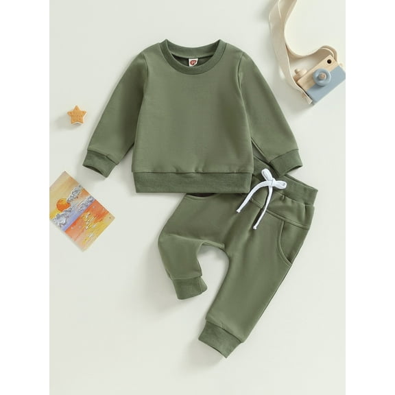 Loicainy Baby Toddler Boy Girl Solid Color Clothes Set, 6 12 18 24 Months 2T 3T Long Sleeve Crew Neck Sweatshirt with Elastic Waist Sweatpants Infant Outfits