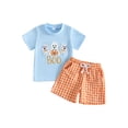 thumbnail image 1 of Loicainy Baby Toddler Boy Halloween Outfit 6 12 18 24 Months 2T 3T 4T Short Sleeve Crew Neck Ghost Embroidery T Shirt and Plaid Shorts Clothes Set, 1 of 8