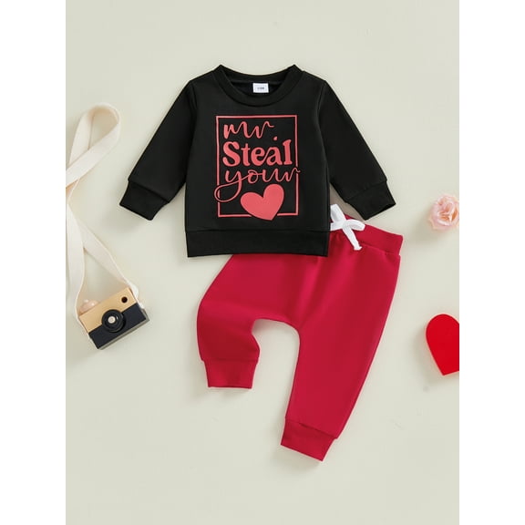 Loicainy Baby Toddler Boy Valentine’s Day Outfits 3 6 12 18 24 Months 2T 3T Long Sleeve Heart Letter Print Sweatshirt   Pants Clothes Set