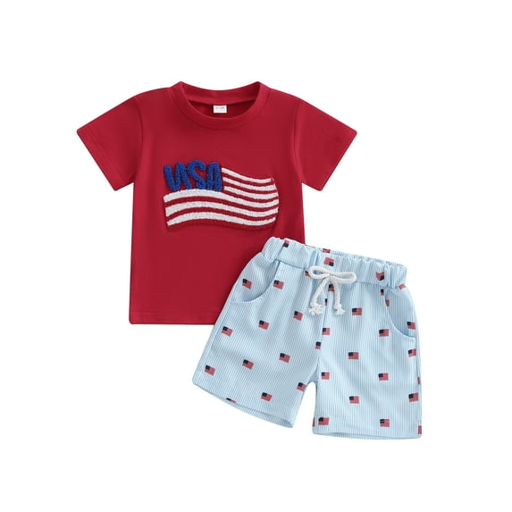 Loicainy Baby Toddler Boys 4th of July Outfits 6 12 18 24 Months 2T 3T 4T Flag Embroidery Short Sleeves T-Shirt and Elastic Striped Shorts Set for 2 Piece Clothes Set