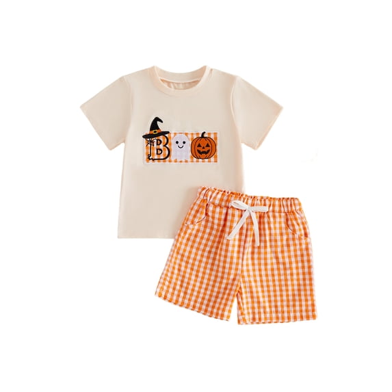 Loicainy Baby Toddler Boys Halloween Outfit 12 18 24 Months 2T 3T 4T 5T Short Sleeve Pumpkin Ghost Embroidery Tops with Plaid Shorts 2Pcs Kids Clothes Set