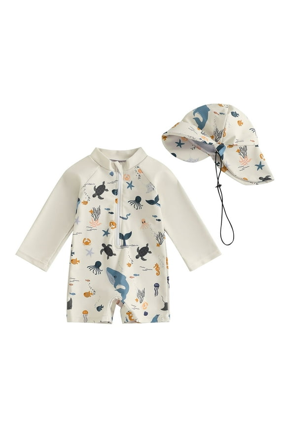 Baby Toddler Boys Long Sleeve Swimwear 3 6 12 18 24 Months 2T 3T Casual Marine Animal Print Zipper Rash Guard Swimsuit and Hat Beachwear Bathing Suit