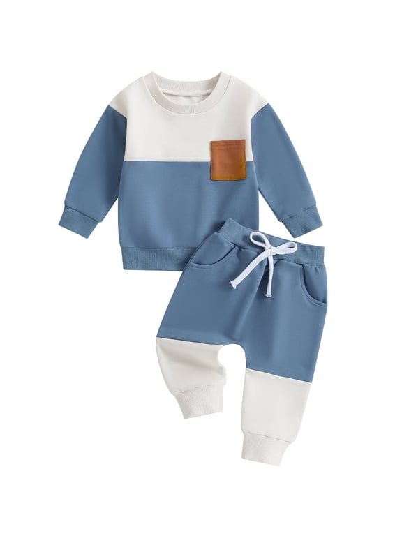 Baby Toddler Boys Pants Outfits Set, 6 12 18 24 Months 2T 3T 4T 5T Contrast Color Long Sleeve Crew Neck Sweatshirt with Elastic Waist Sweatpants Infant Clothes Sets