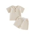 thumbnail image 1 of Loicainy Baby Toddler Boys Waffle Clothes Set 3 6 12 18 24 Months 2T 3T Short Sleeve Henley Neck T-shirt with Elastic Waist Shorts Summer Outfit, 1 of 9