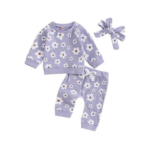 Loicainy Baby Toddler Girl 2Pcs Fall Spring Clothes Set 6 12 18 24 Months Flower Print Long Sleeve Crewneck Tops Pants Bow Headband Outfit