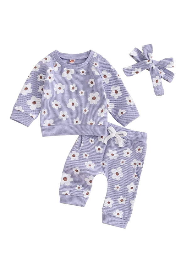 Baby Toddler Girl 2Pcs Fall Spring Clothes Set 6 12 18 24 Months Flower Print Long Sleeve Crewneck Tops Pants Bow Headband Outfit