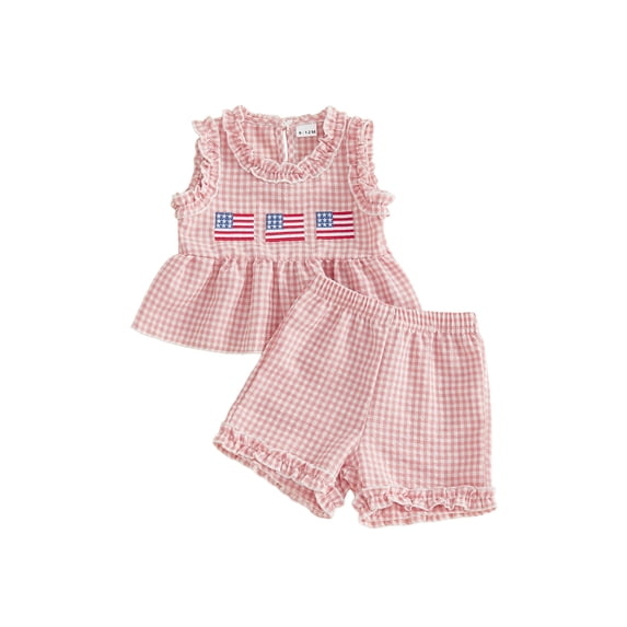 Loicainy Baby Toddler Girl 4th of July Clothes 6 12 18 24 Months 2T 3T 4T Flag Embroidery Plaid Frills Sleeveless Tank Tops Elastic Waist Shorts 2Pcs Summer Outfits Set