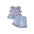 thumbnail image 1 of Loicainy Baby Toddler Girl 4th of July Clothes 6 12 18 24 Months 2T 3T 4T Flag Embroidery Plaid Frills Sleeveless Tank Tops Elastic Waist Shorts 2Pcs Summer Outfits Set, 1 of 9