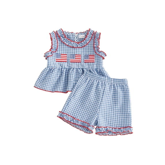 Loicainy Baby Toddler Girl 4th of July Clothes 6 12 18 24 Months 2T 3T 4T Flag Embroidery Plaid Frills Sleeveless Tank Tops Elastic Waist Shorts 2Pcs Summer Outfits Set