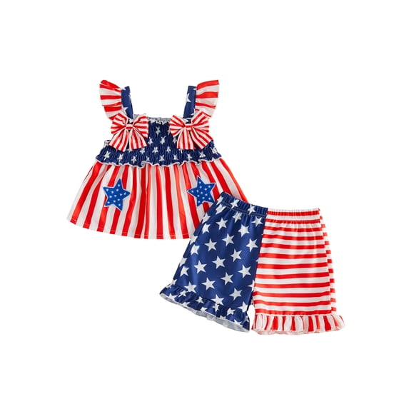 Loicainy Baby Toddler Girl 4th of July Clothes 6 12 18 24 Months 2T 3T 4T Star Stripe Print Flutter Sleeve Tank Tops and Ruffle Hem Shorts Summer Outfits Set