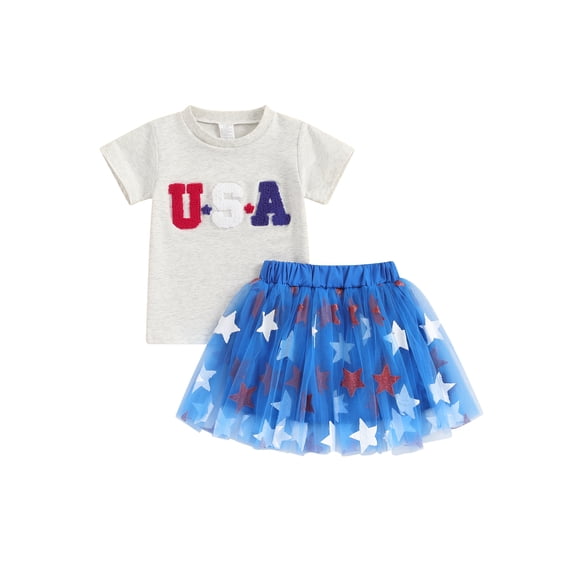 Loicainy Baby Toddler Girl 4th of July Outfits 6 12 18 24 Months 2T 3T 4T 5T Letter Embroidery Round Neck Short Sleeve Tops Star Print Mesh Skirt Kids Summer Clothes Set